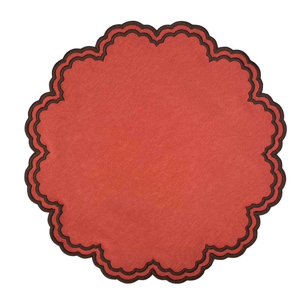 Pumpkin color scalloped round placemat with cocoa brown embroidery 