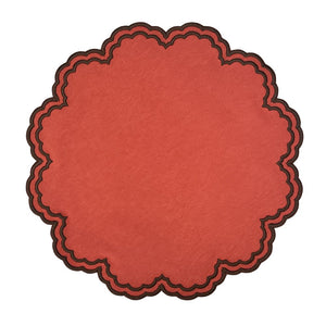 Pumpkin color scalloped round placemat with cocoa brown embroidery 