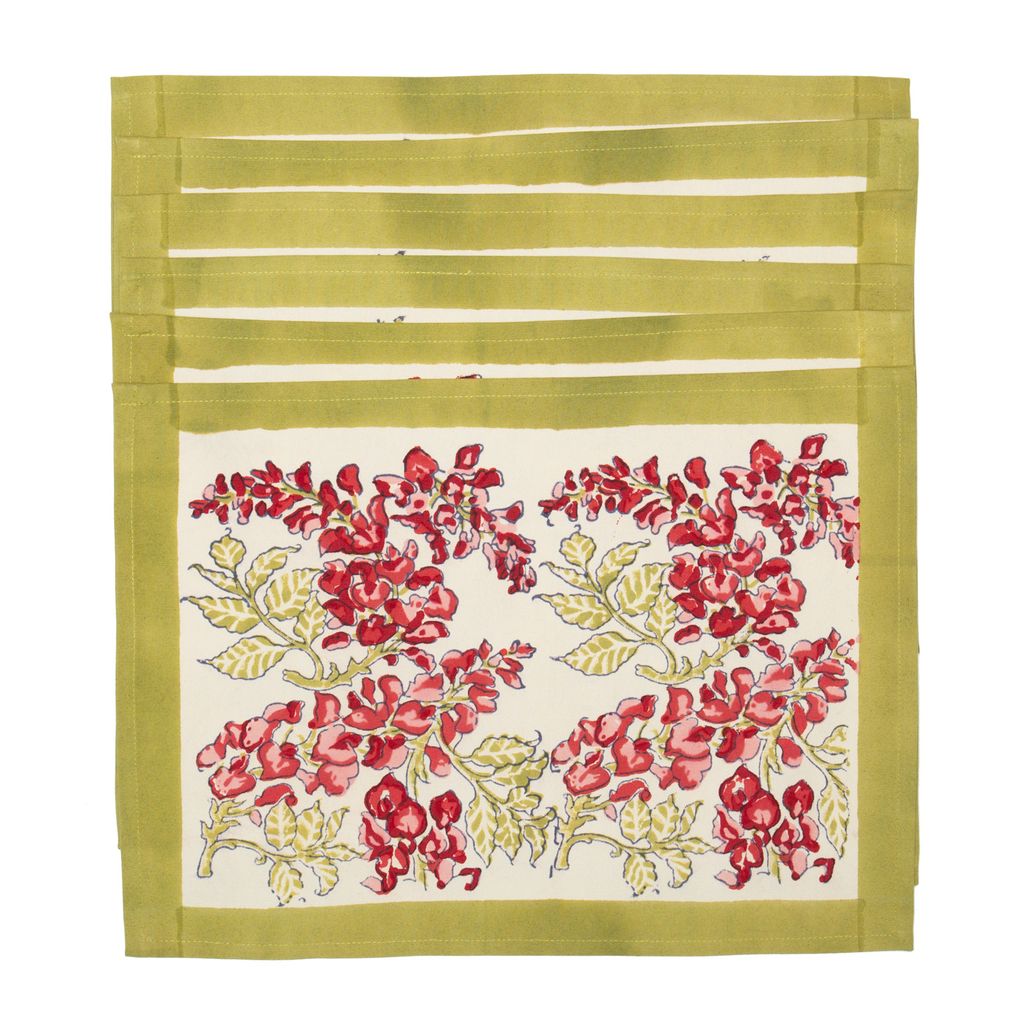 Front view of Wisteria Mats in Pink and Green set of 6 with olive green vines and red and pink flowers on ivory