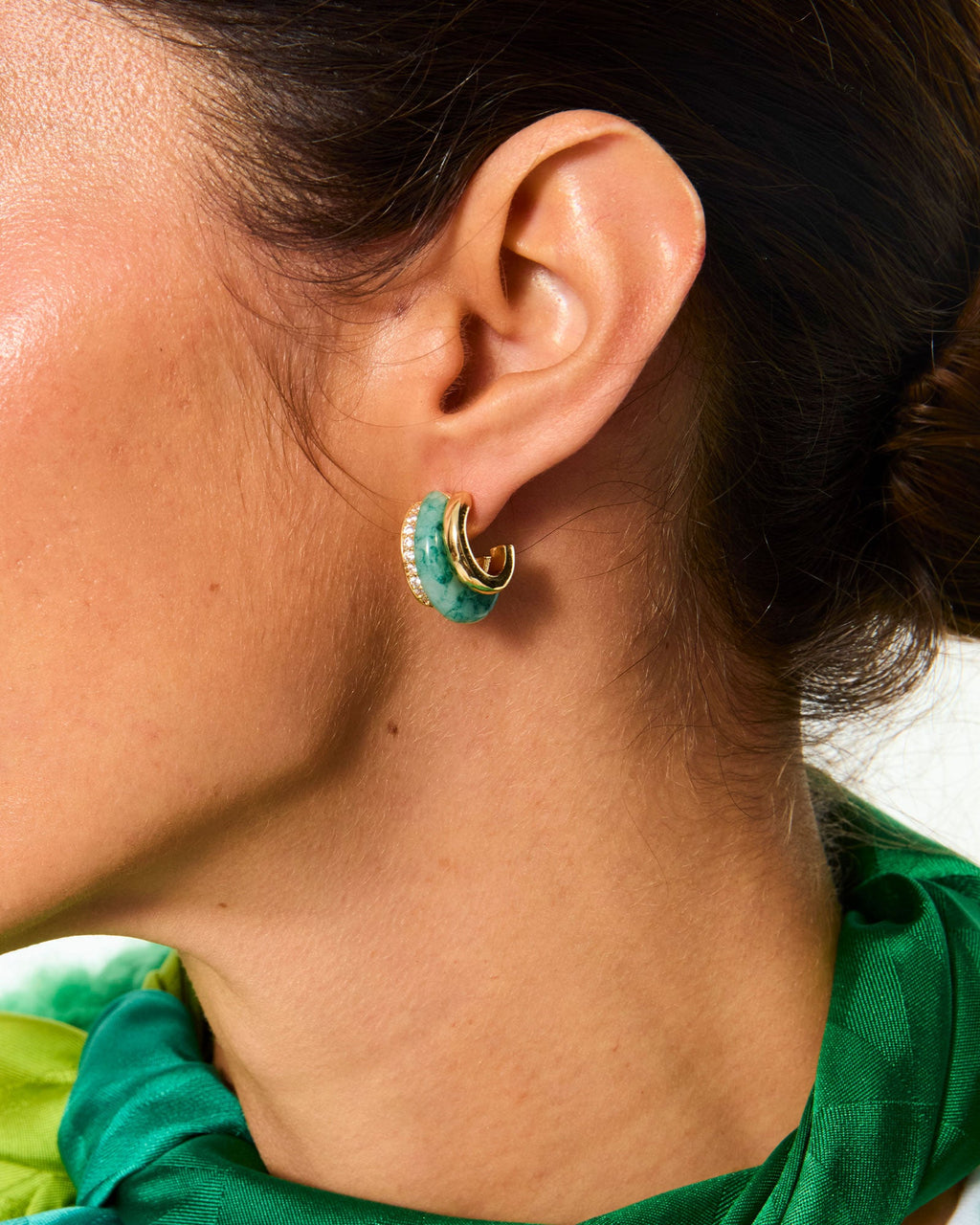 The Stone Huggie Earrings in Moss Agate