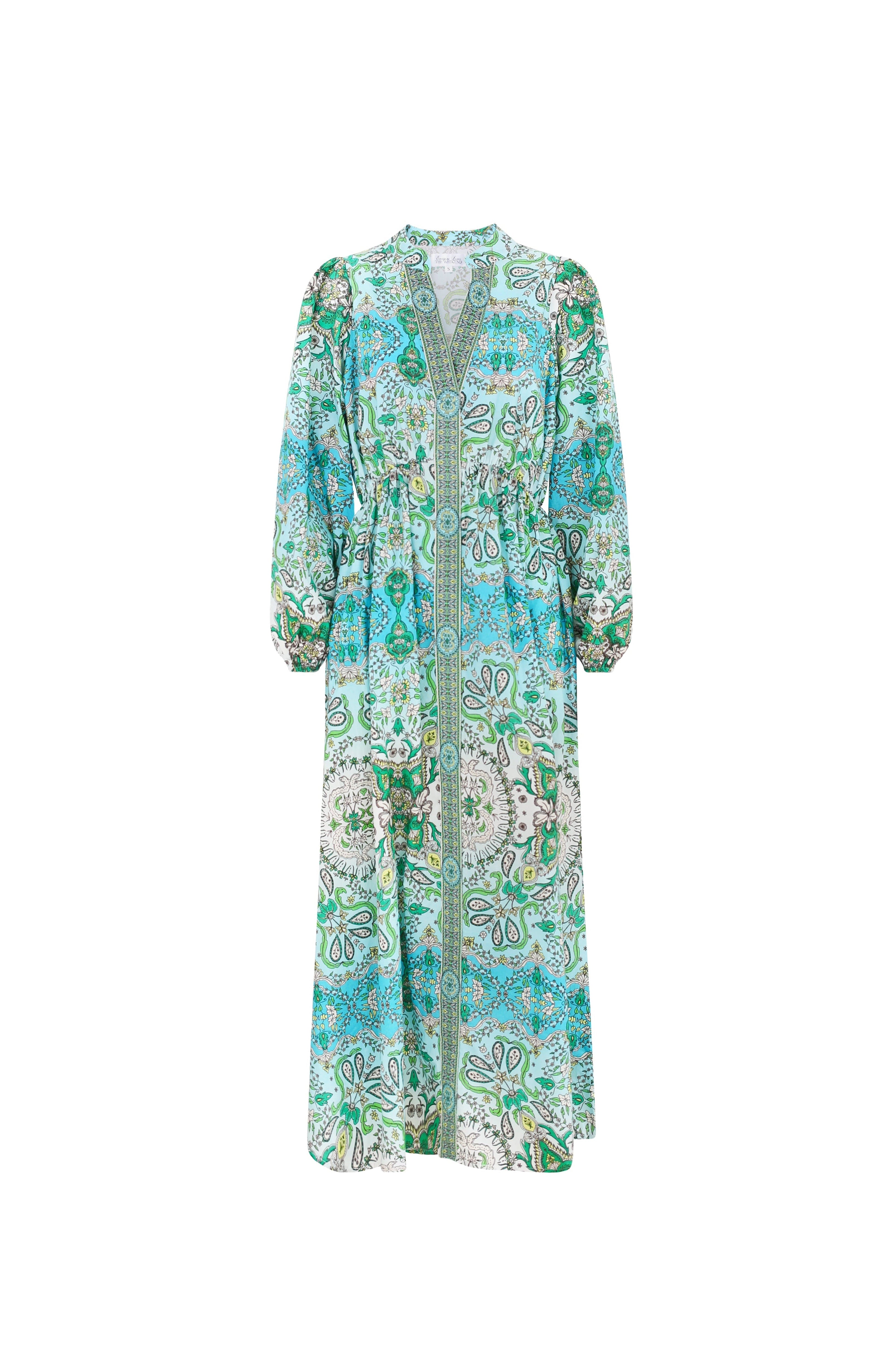 Long floral dress with green and blue pattern on a white background