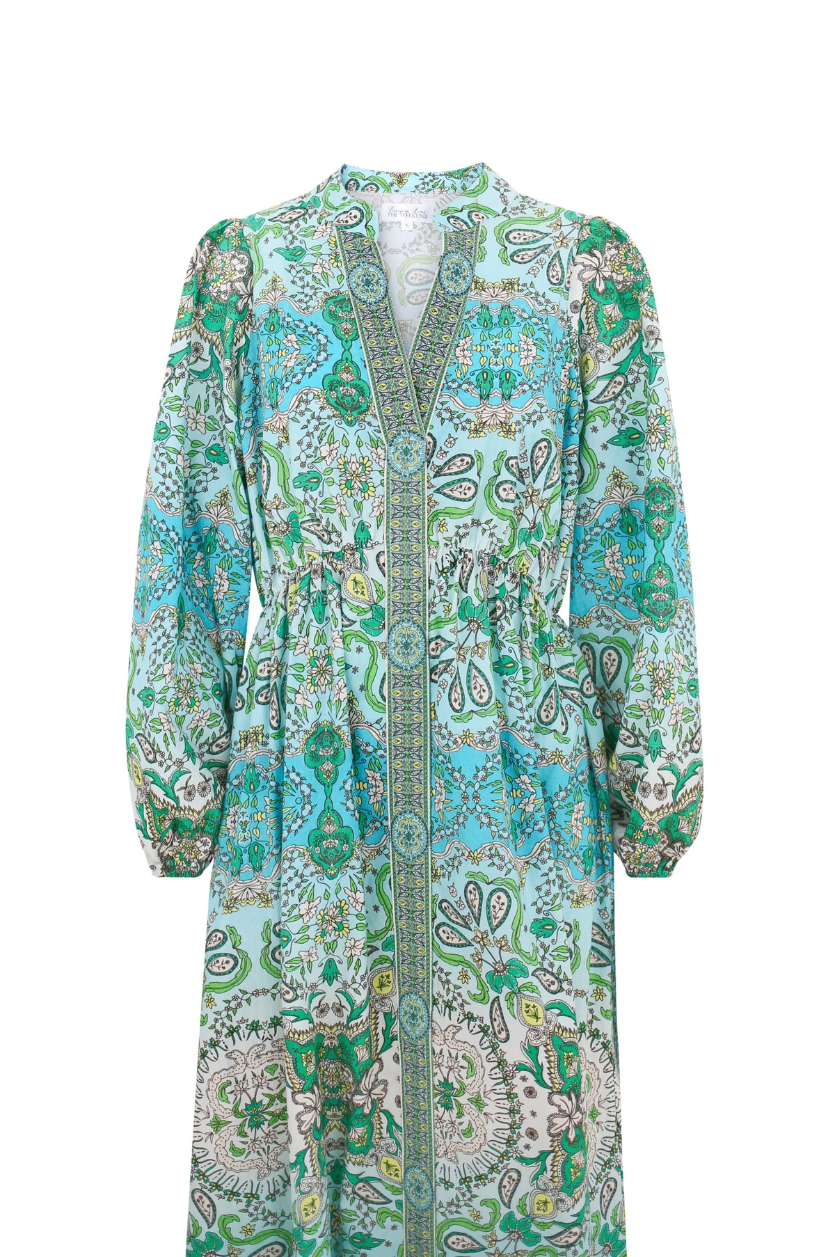 Long sleeve dress with green and white pattern on a white background