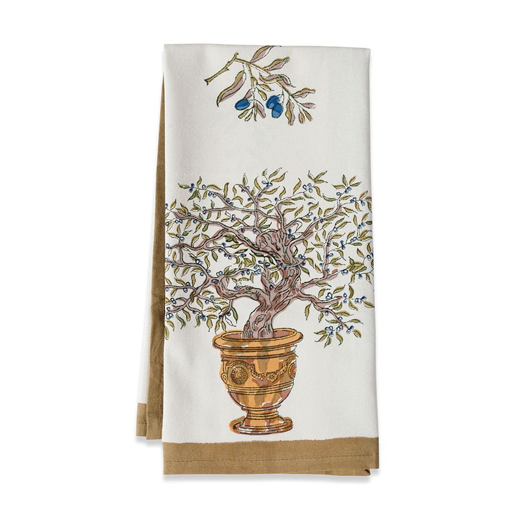 Olive Tree Tea Towels in Khaki & Blue, Set of 3