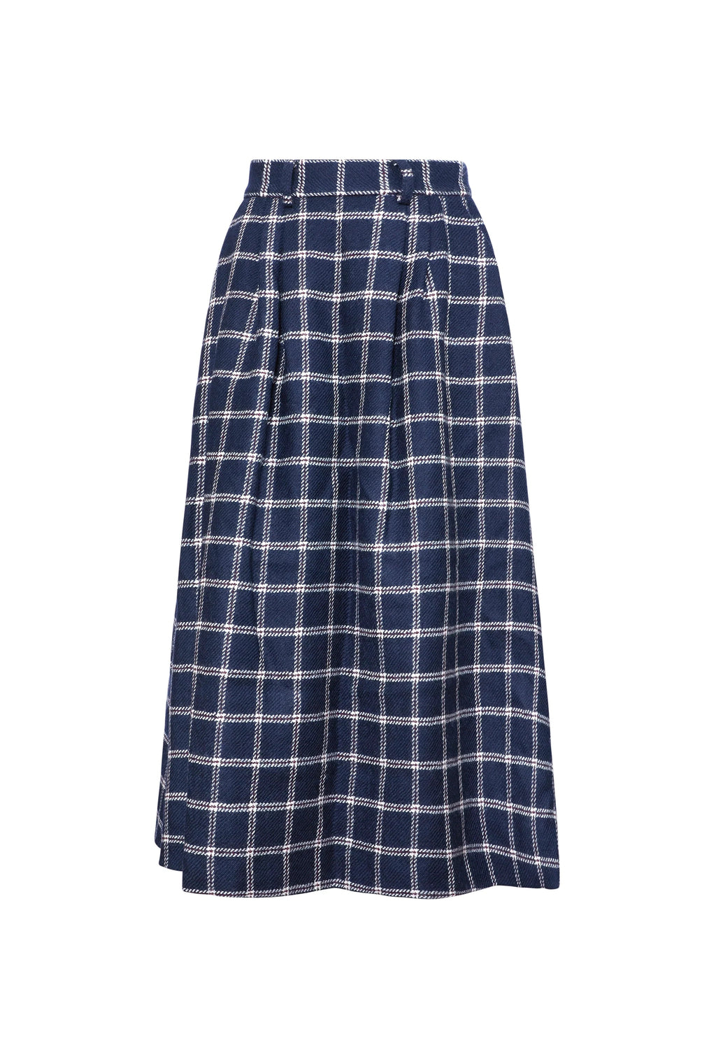 Front view of Queenby Skirt in St Andrews Check showcasing front pleats and A-line midi silhouette on a white background