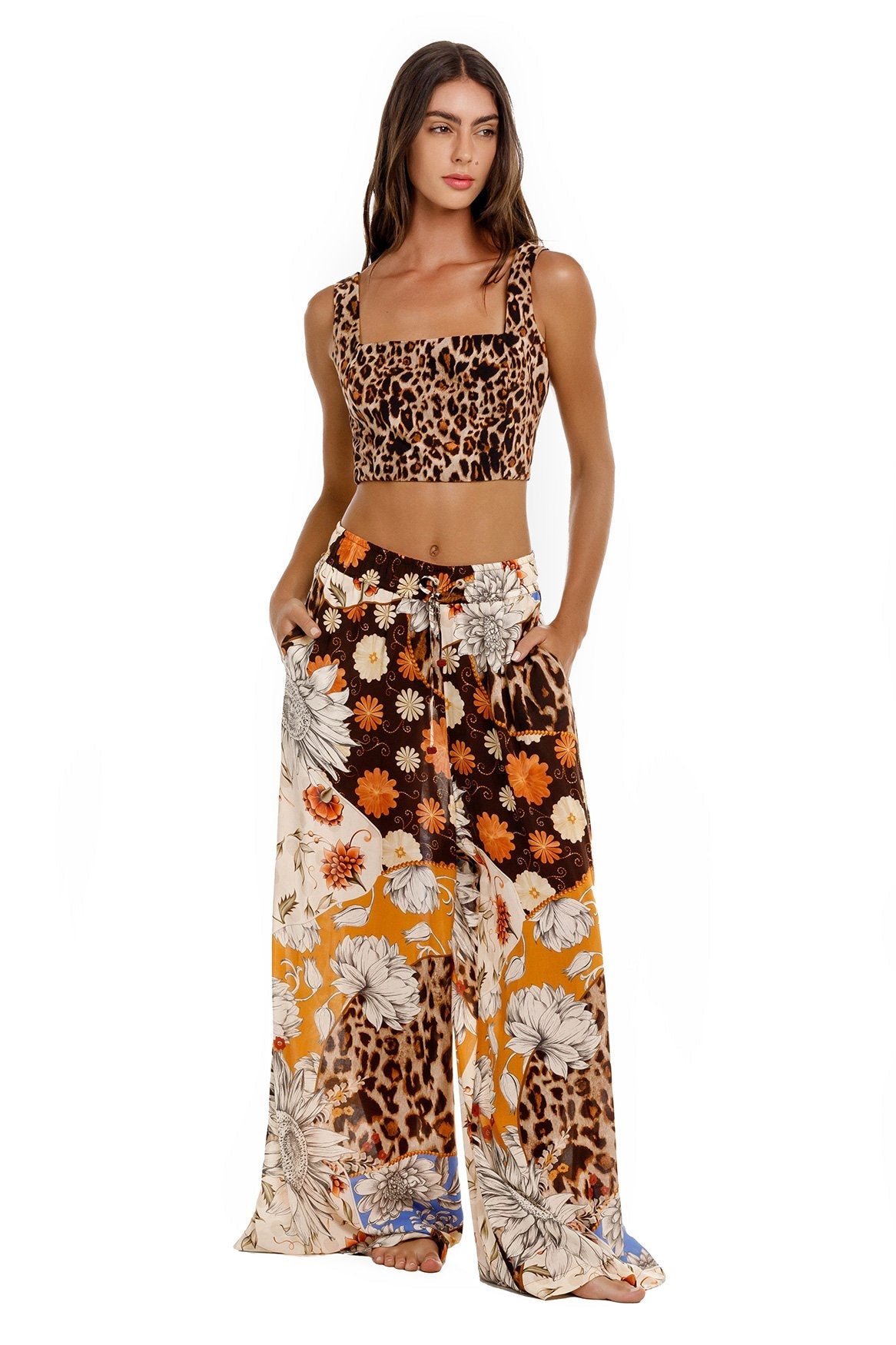 Front view of Kosia Crop-Top in Leopard showcasing square neckline and wide straps on a model against a white background