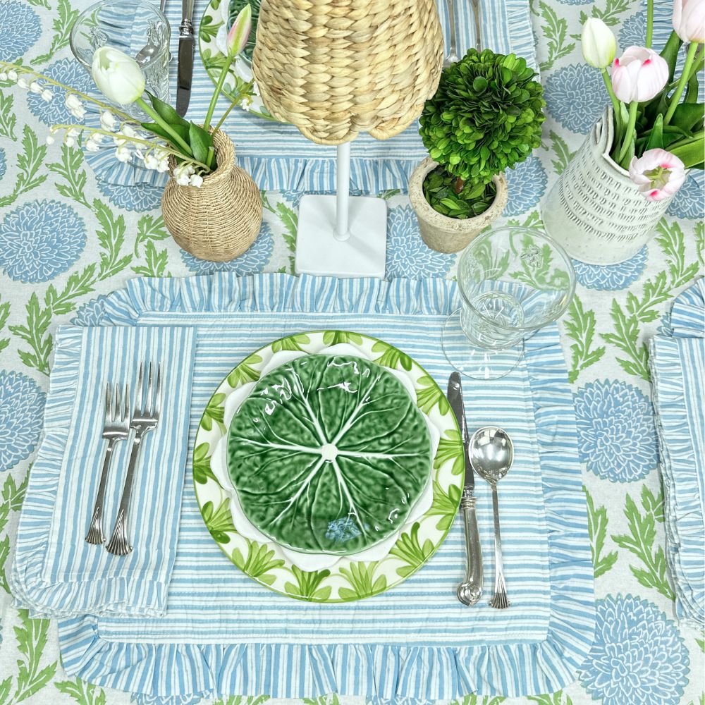 Quilted Ruffle Placemats in Blue Stripe, Set of 4
