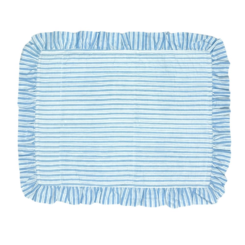 Quilted Ruffle Placemats in Blue Stripe, Set of 4