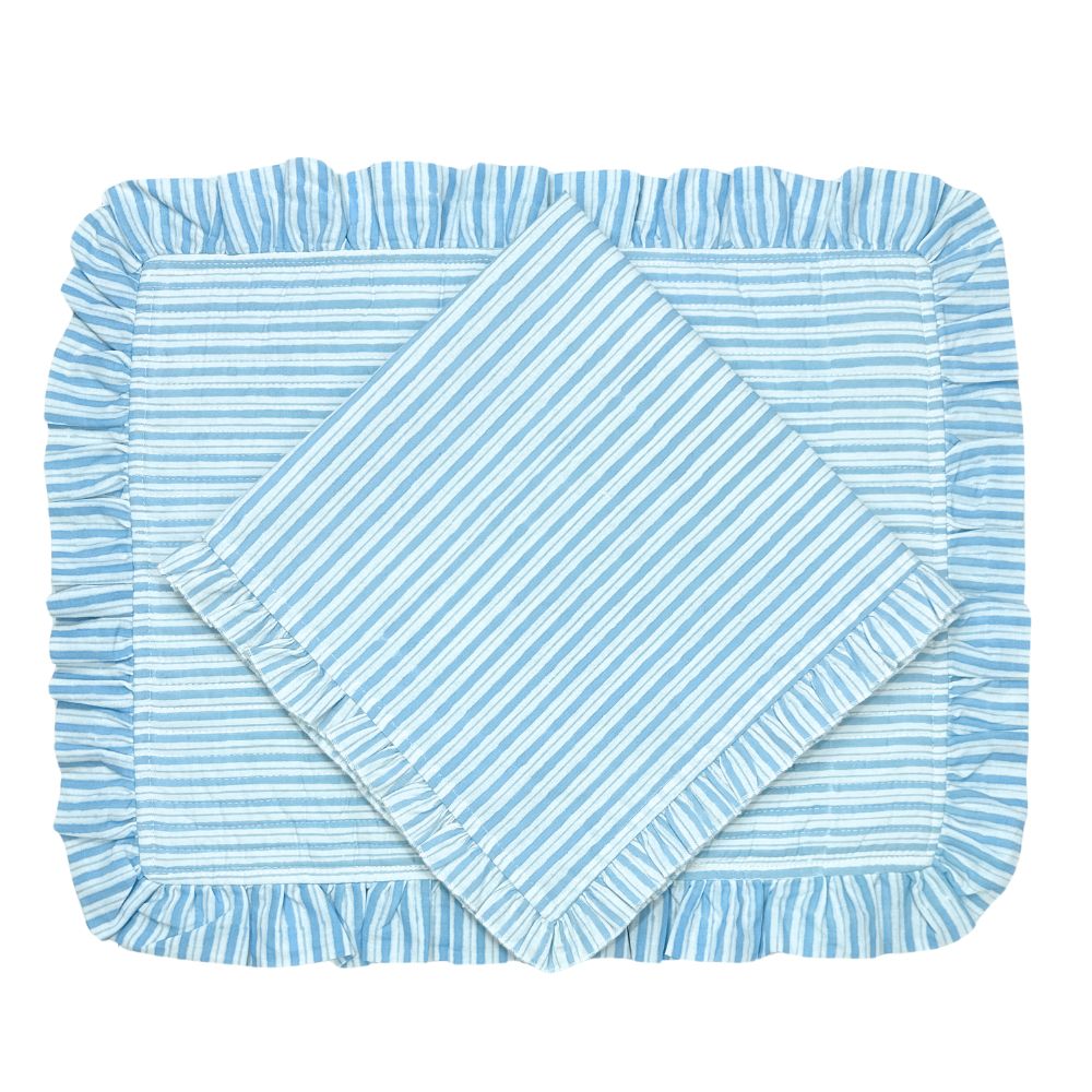 Quilted Ruffle Placemats in Blue Stripe, Set of 4