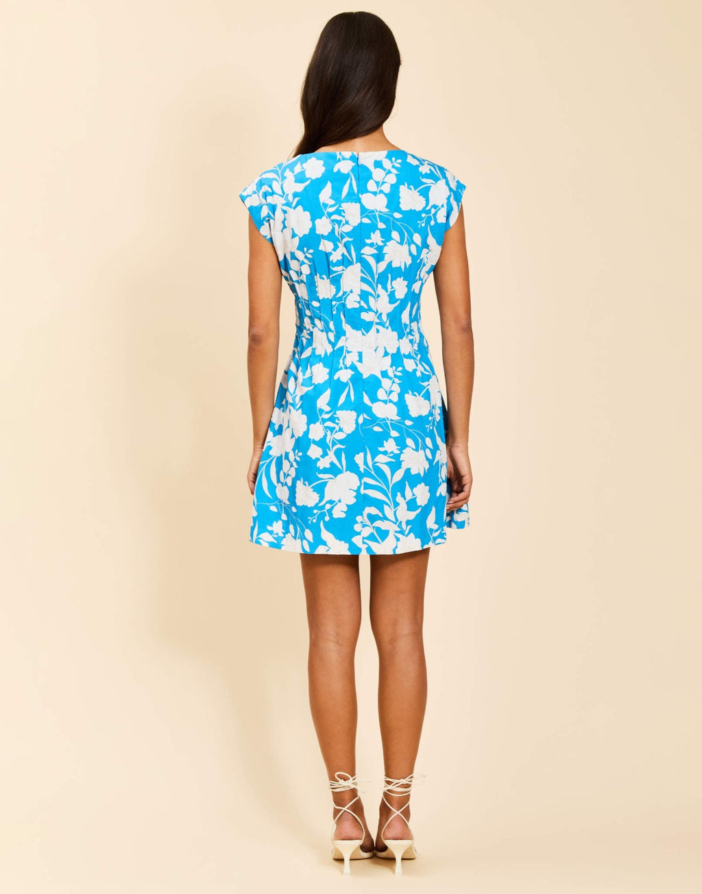 Quinn Mini Dress in Huckleberry Blue cotton poplin with boat neckline, pintuck bodice, kimono sleeves, and side pockets.