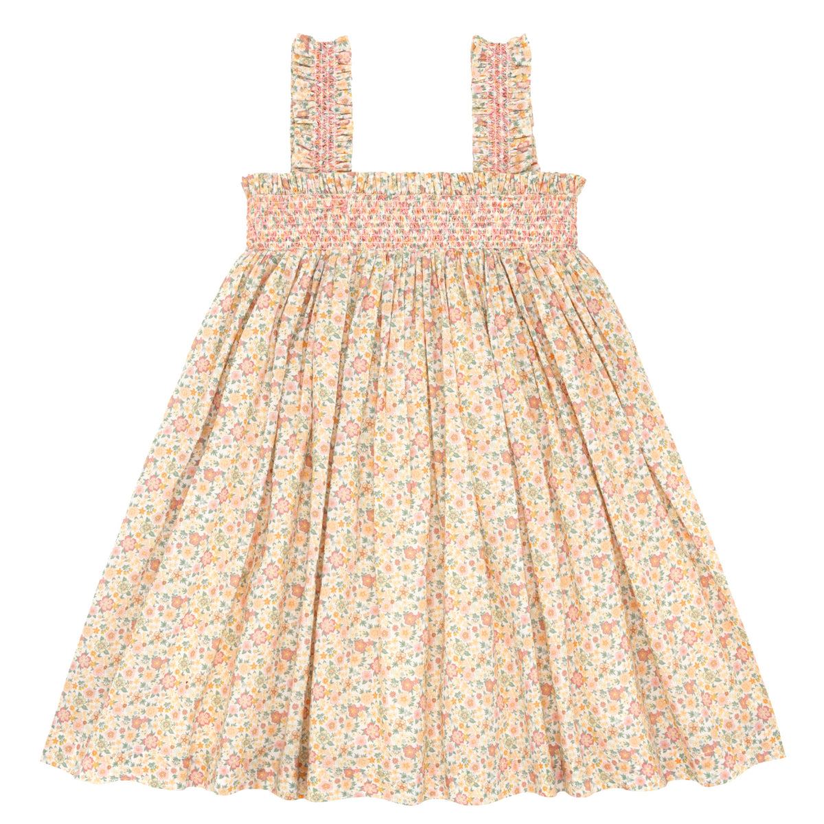 Girls Marigold Floral Ruffle Strap Smocked Dress