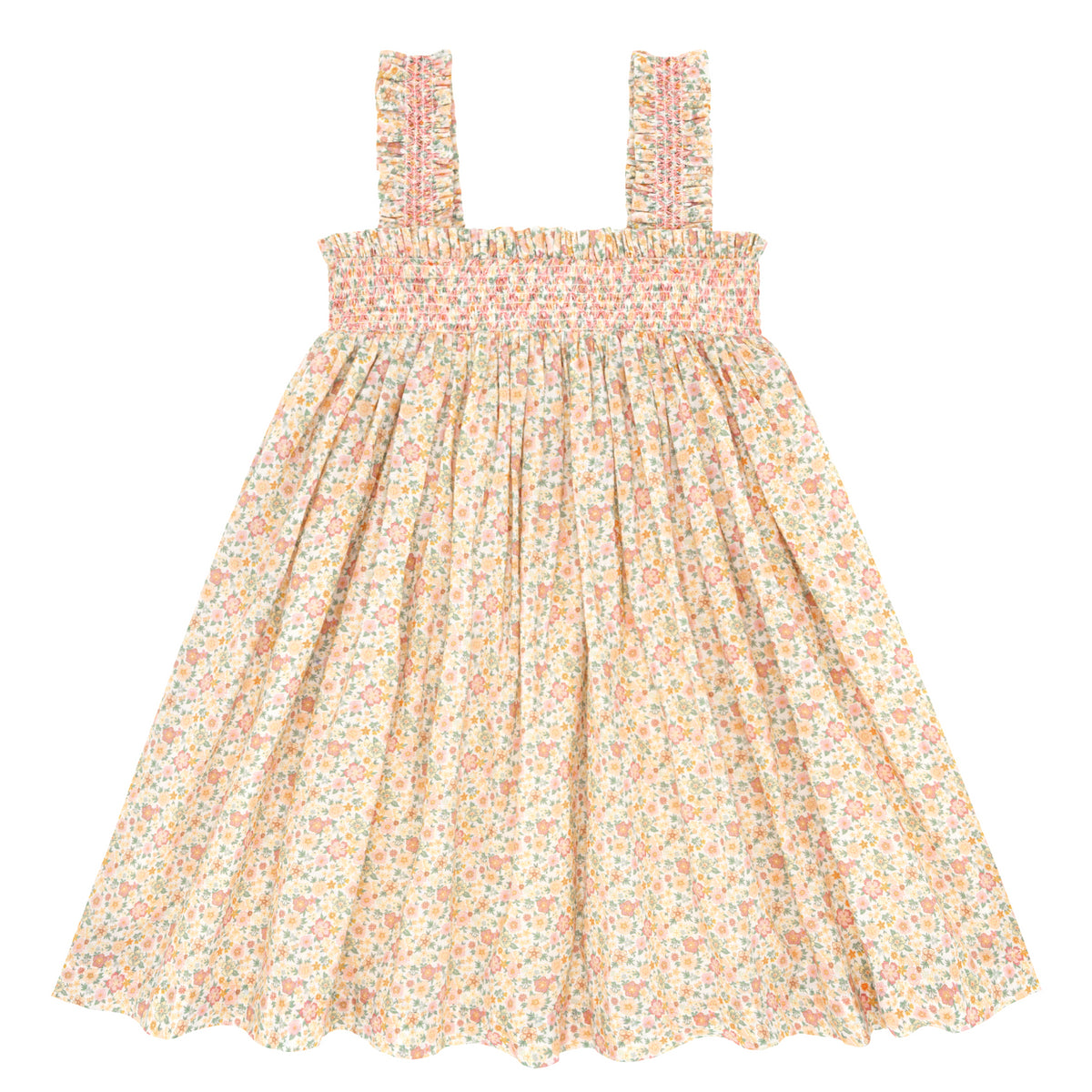 Girls Marigold Floral Ruffle Strap Smocked Dress