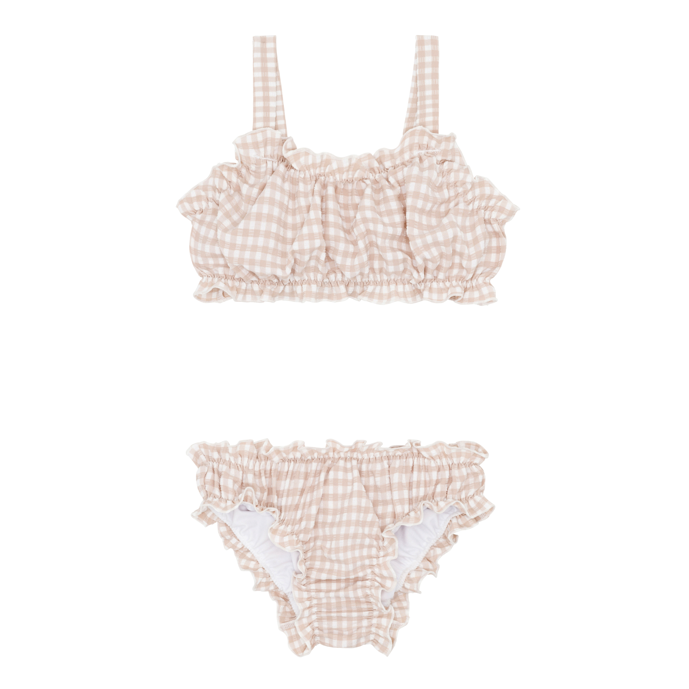 Girls Brown Crinkle Gingham Ruffle Edge Bikini