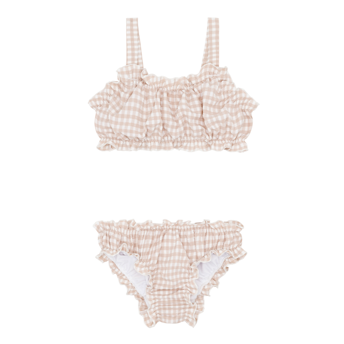 Girls Brown Crinkle Gingham Ruffle Edge Bikini