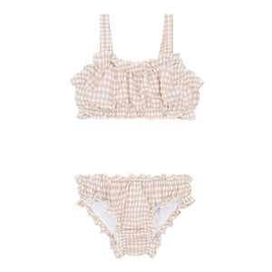 Girls Brown Crinkle Gingham Ruffle Edge Bikini