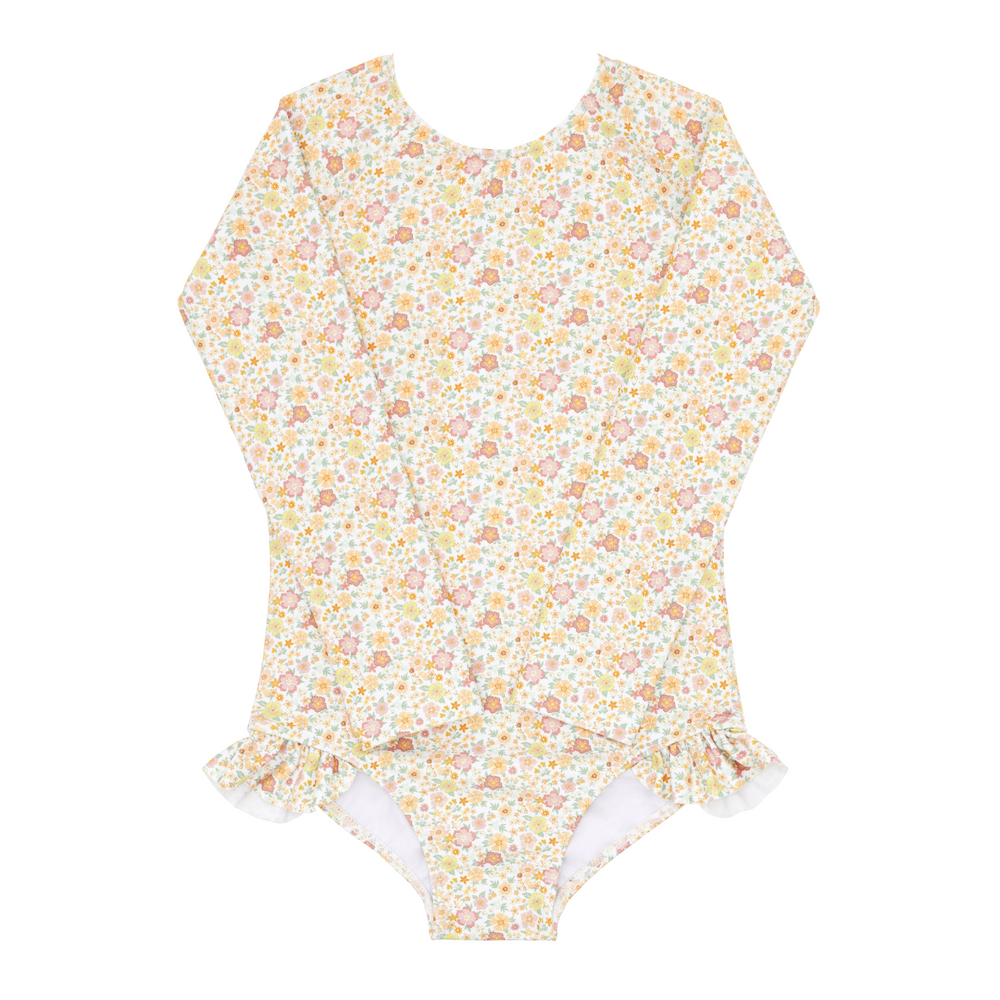 Front flat lay of girls long-sleeve marigold floral rashguard one-piece with ruffle leg trim on white background