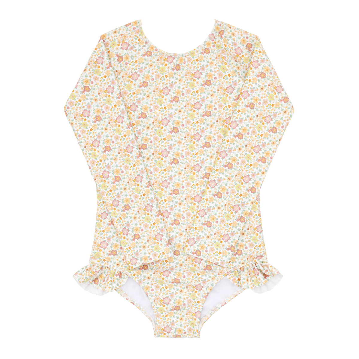 Front flat lay of girls long-sleeve marigold floral rashguard one-piece with ruffle leg trim on white background