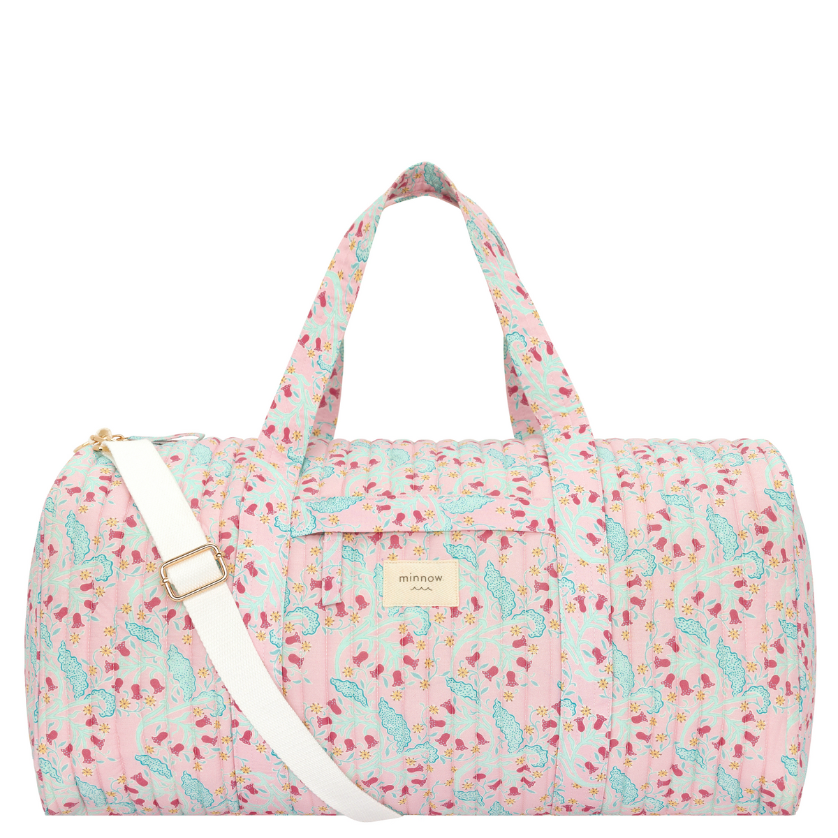Front view of Bluebells Quilted Cotton Weekender Bag showcasing floral quilting, front pocket, handles, and shoulder strap on white