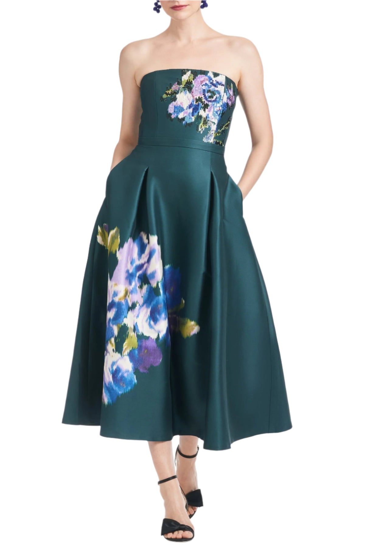 Front view of Shay Dress in Forest Green Placement Ikat showcasing strapless bodice and A-line skirt with white background