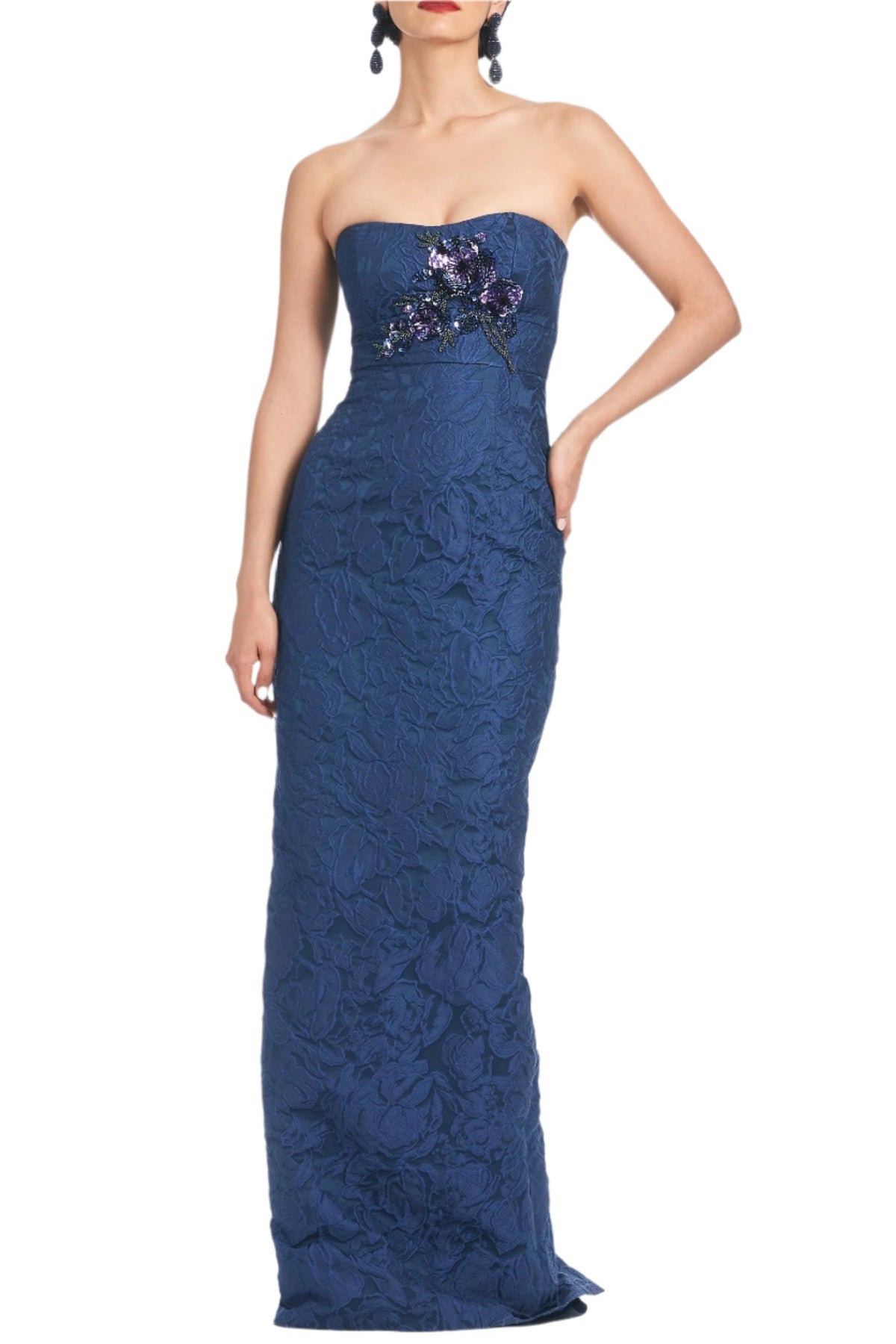 Front view of Edie Gown in Deep Ocean Bouquet showcasing floral bodice embellishment on a fitted model with white background
