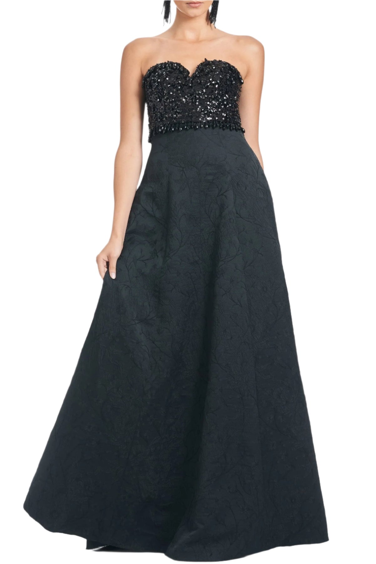 Front view of Lillian Gown in Black showcasing a sequined sweetheart neckline and A-line jacquard cloque skirt on a white background