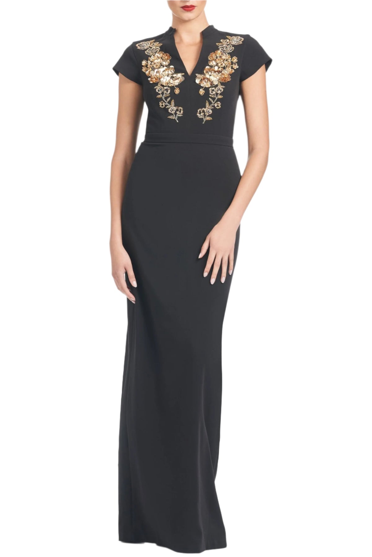 Front view of Hudson Gown in Black showcasing gold bodice embellishment with a white background