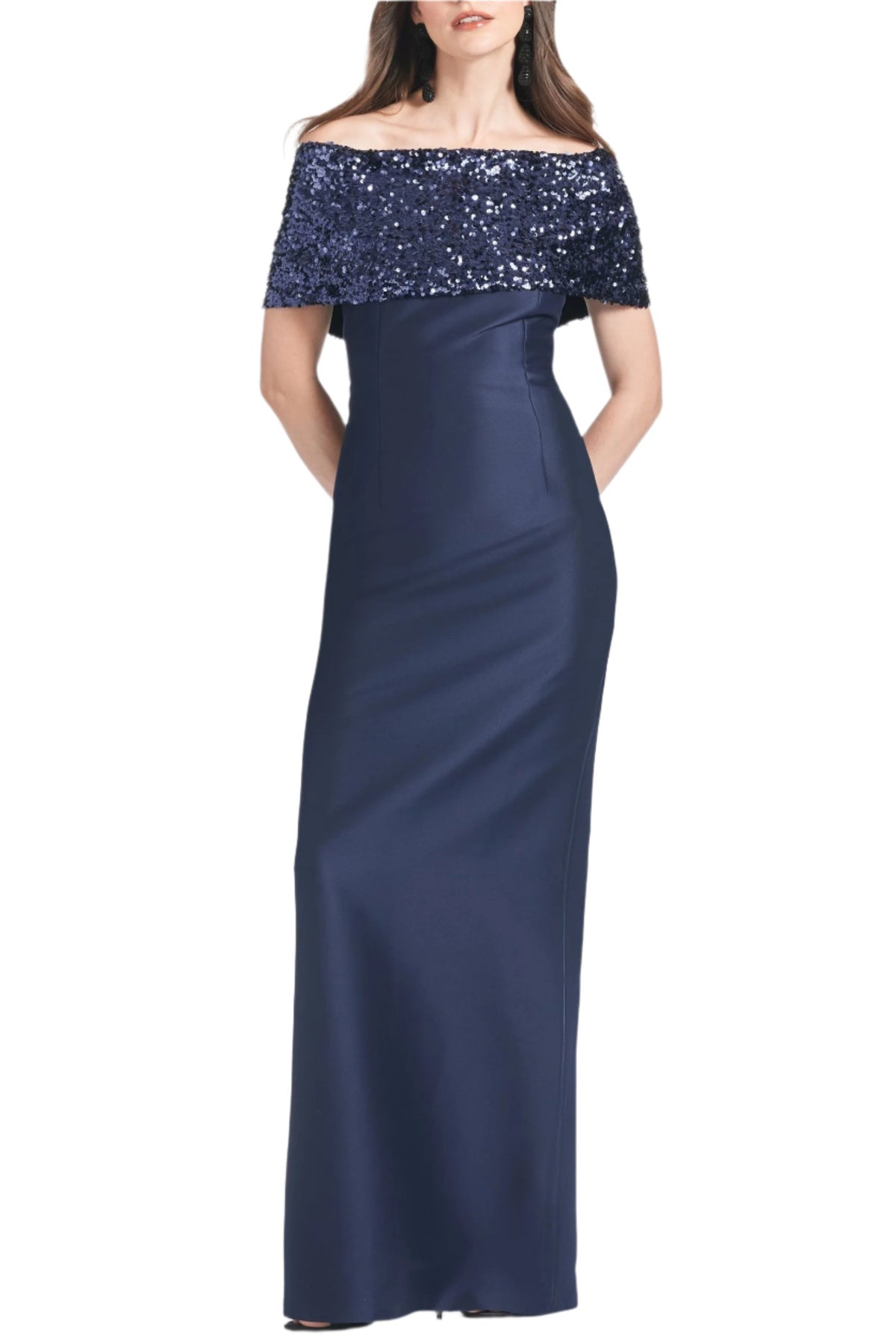 Front view of Ada Gown in Poseidon Night Sky showcasing sequin fold-over neckline on a model against white background