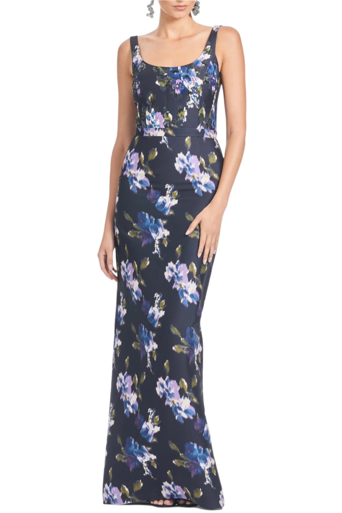Front view of Lana Gown in Midnight Corsage showcasing scoop neckline, waist belt, and floral print on white background