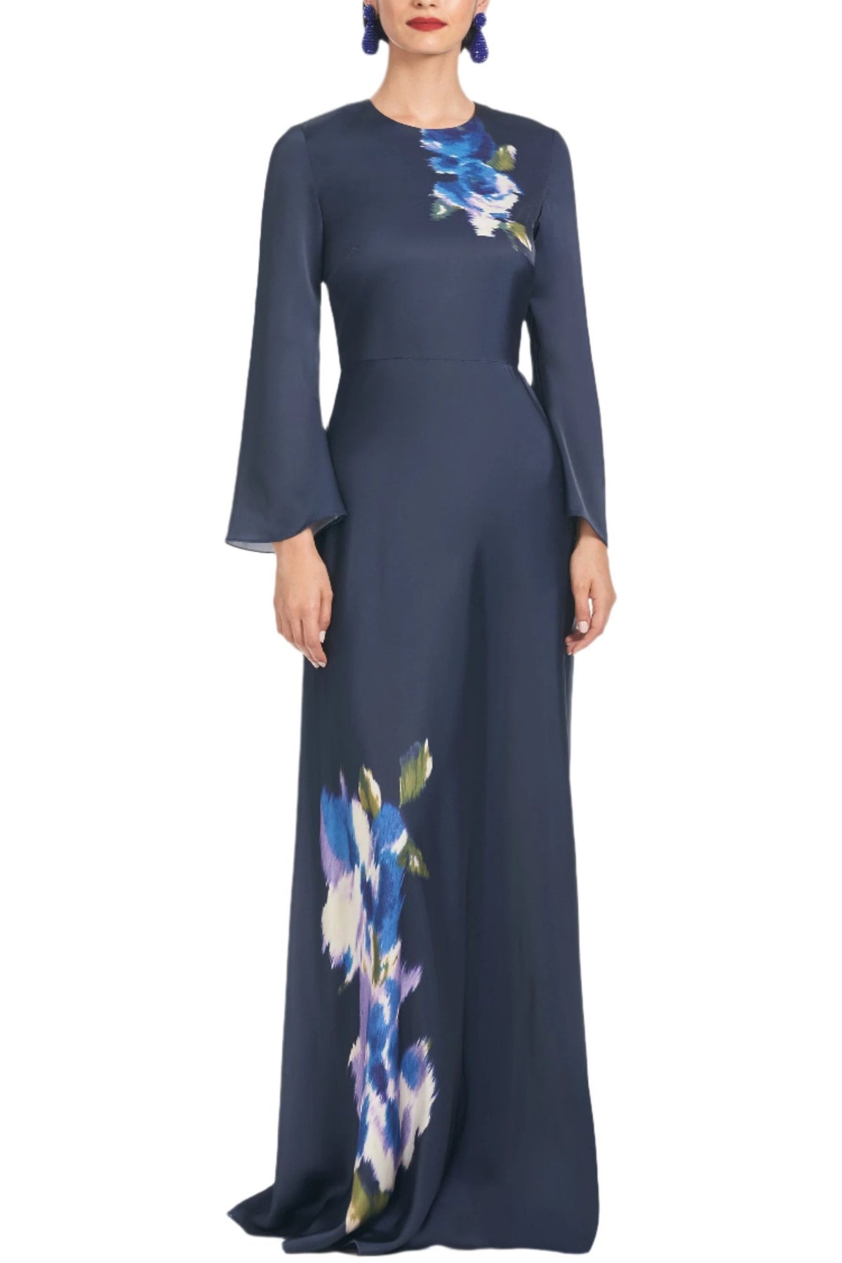 Front view of Alex Gown in Midnight Corsage showcasing floral print, jewel neck, bell sleeves, and A-line silhouette