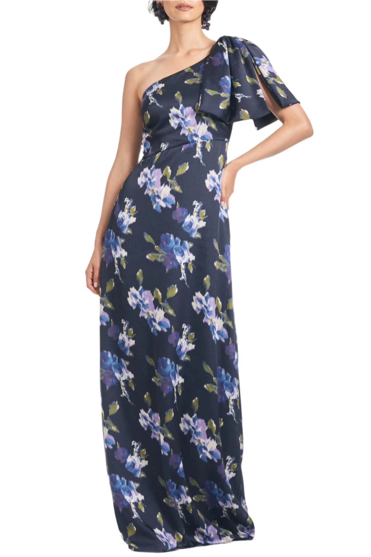 Front view of Chelsea Gown in Midnight Corsage showcasing a shoulder bow and floral print on a white background