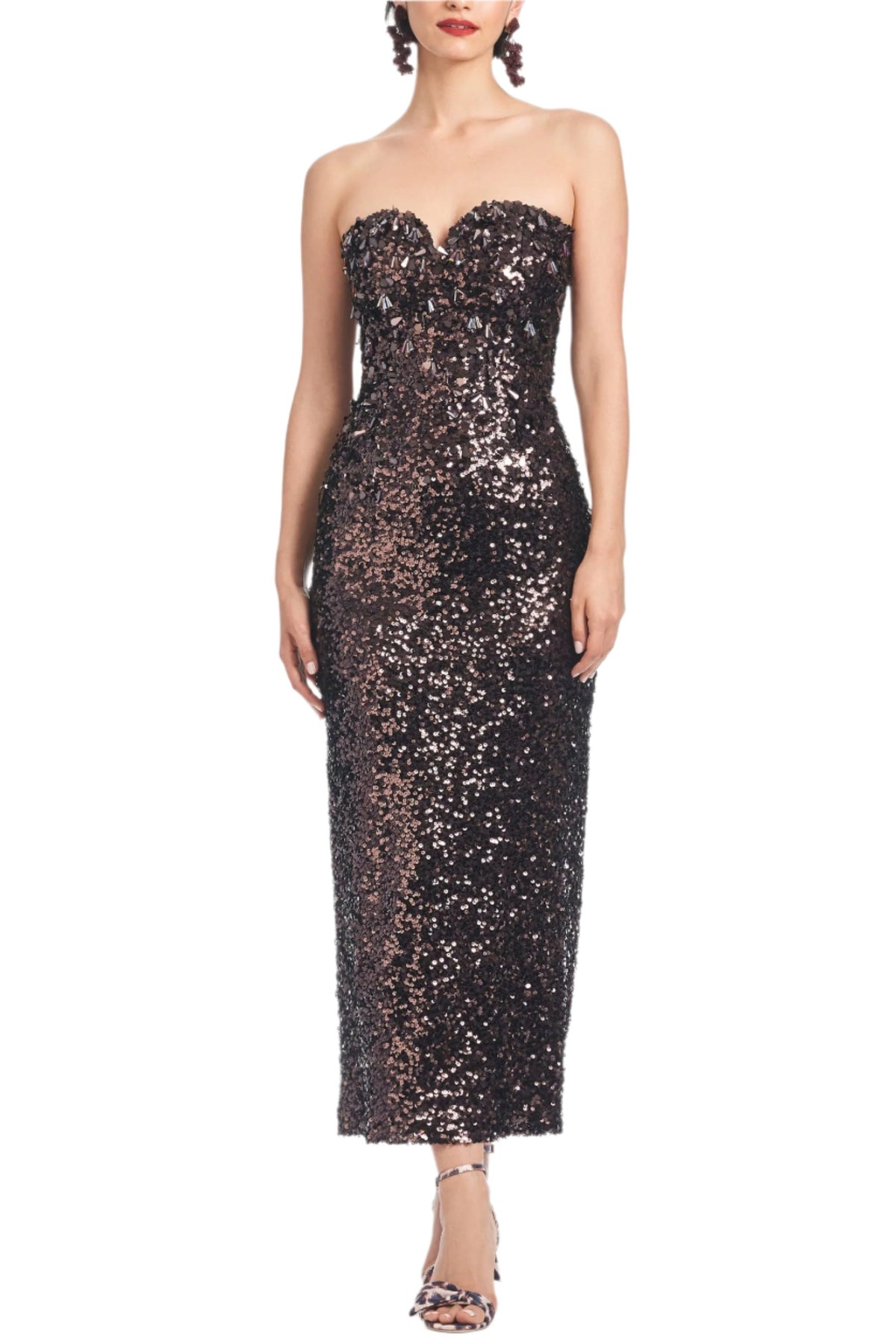 Front view of Babe Dress in Plum showcasing strapless sweetheart neckline and sequins against white background