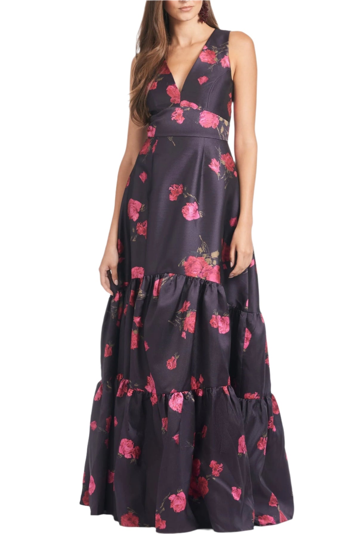 Front view of Rori Gown in Malbec Tea Blooms showcasing its sleeveless V-neck, fitted waist, and tiered skirt on a white background