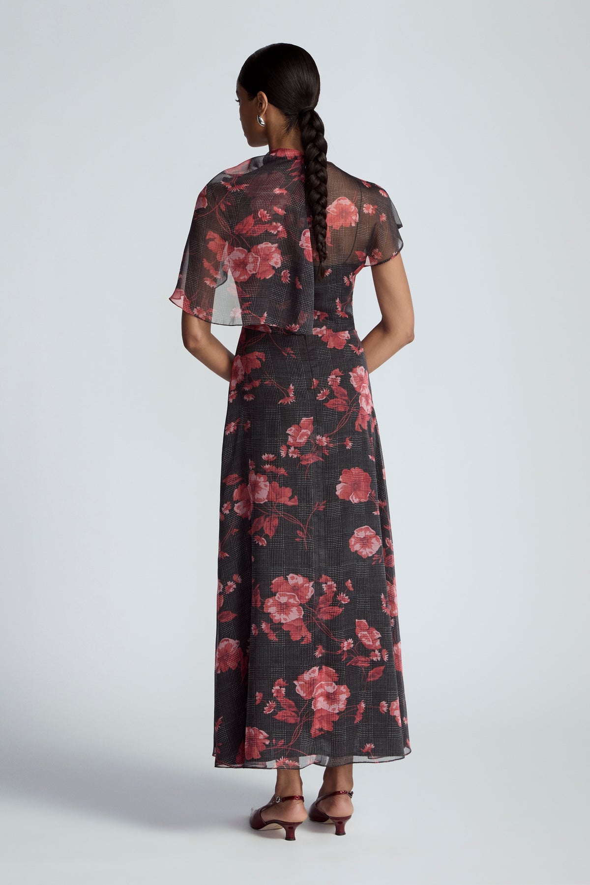 Floral Printed Glenn Plaid Chiffon Draped Bodice A-Line Dress