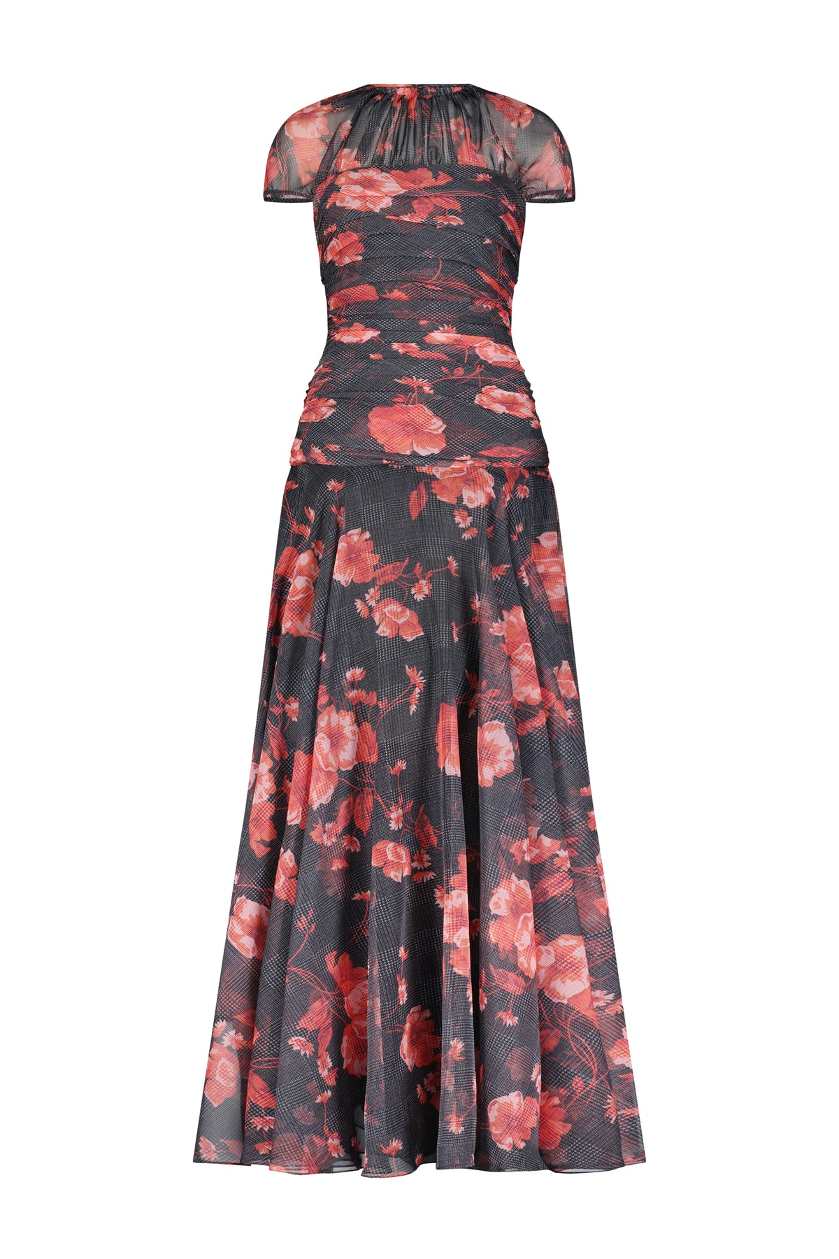 Floral Printed Glenn Plaid Chiffon Ruched Gown