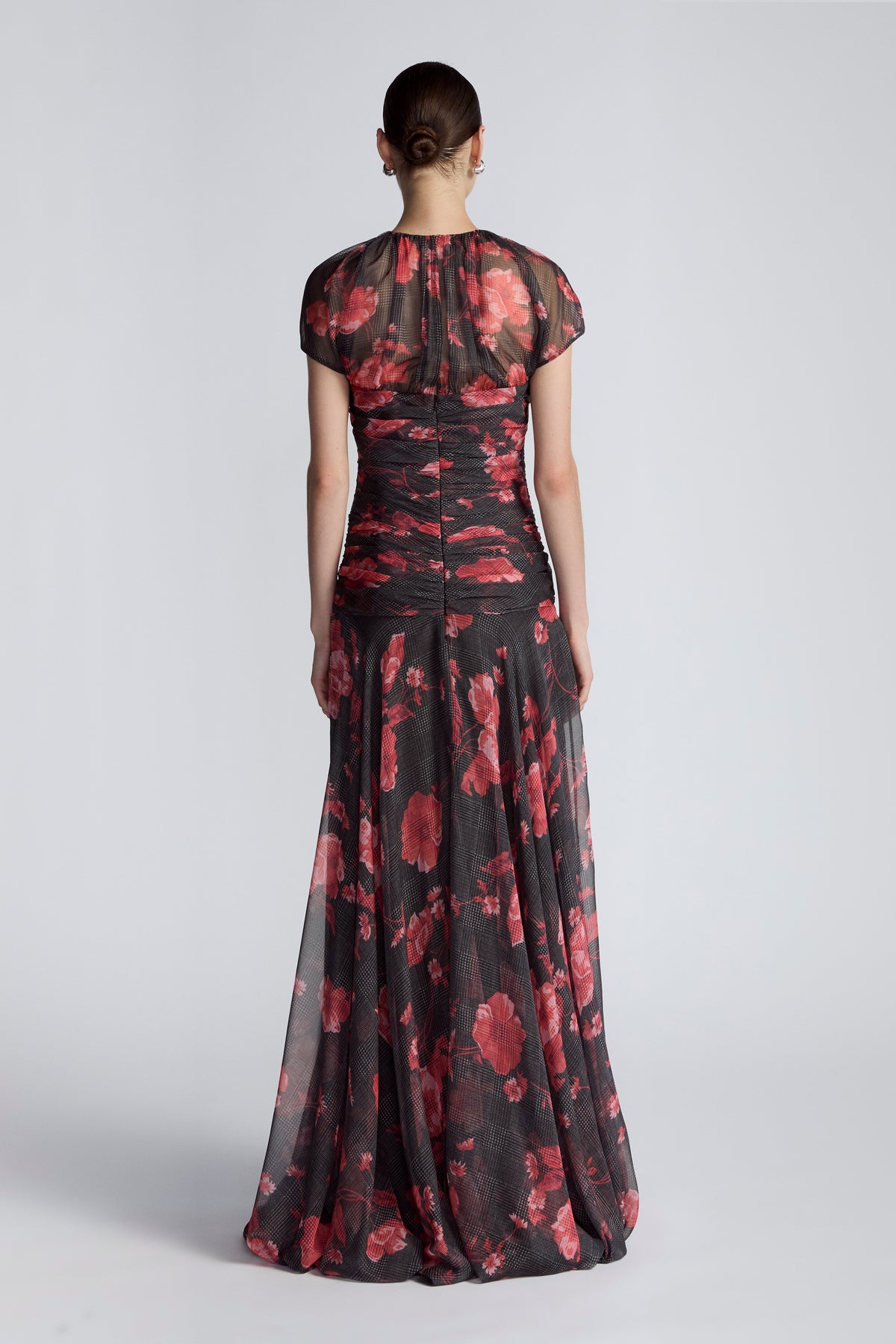 Floral Printed Glenn Plaid Chiffon Ruched Gown