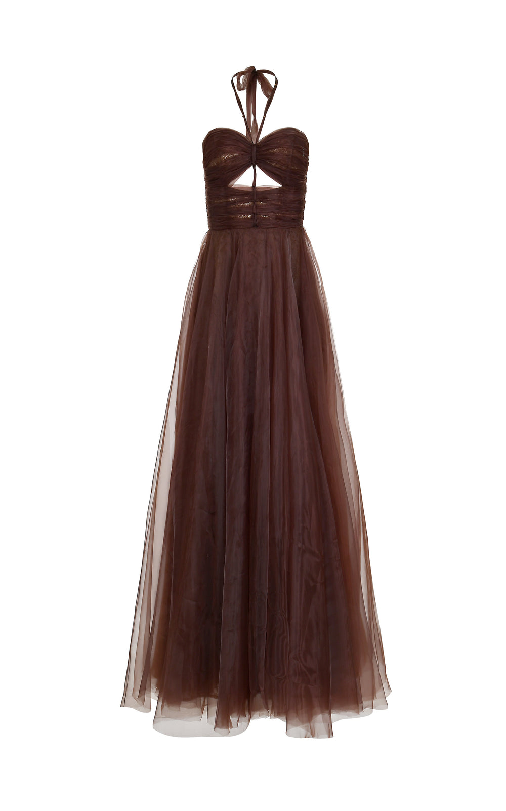 Front view of Leon silk organza Mocca dress showcasing ruched bodice, halter tie and center front cutout on white background
