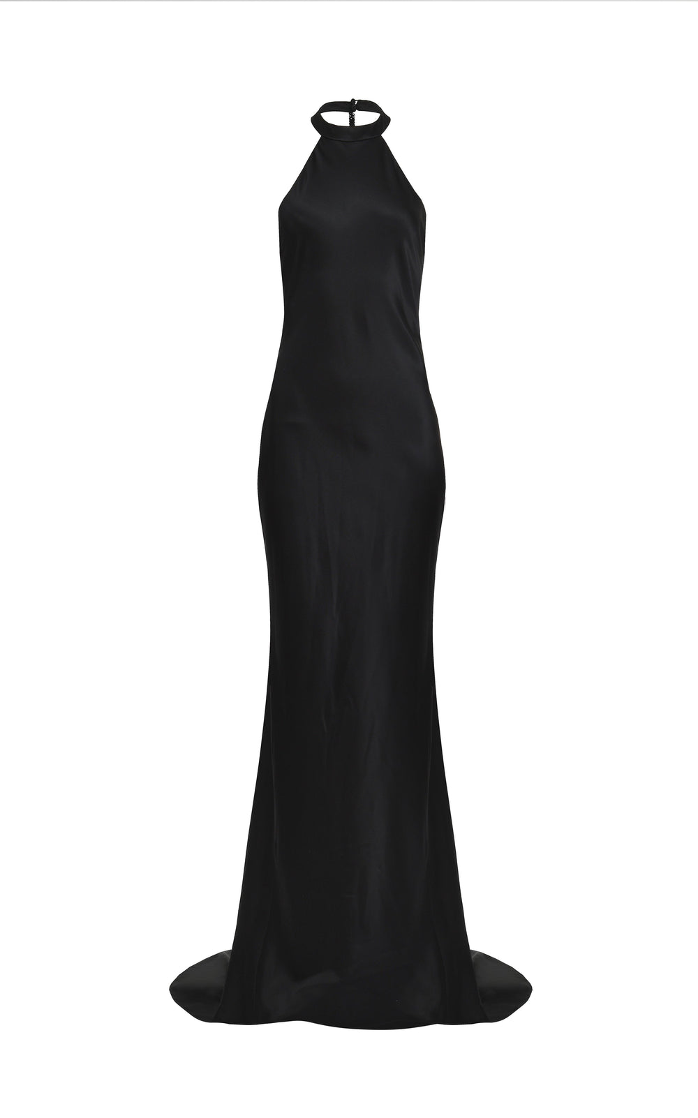 Front view of Nightfall Silk Maxi Dress showing halter neck, fitted silhouette and slight train on white background