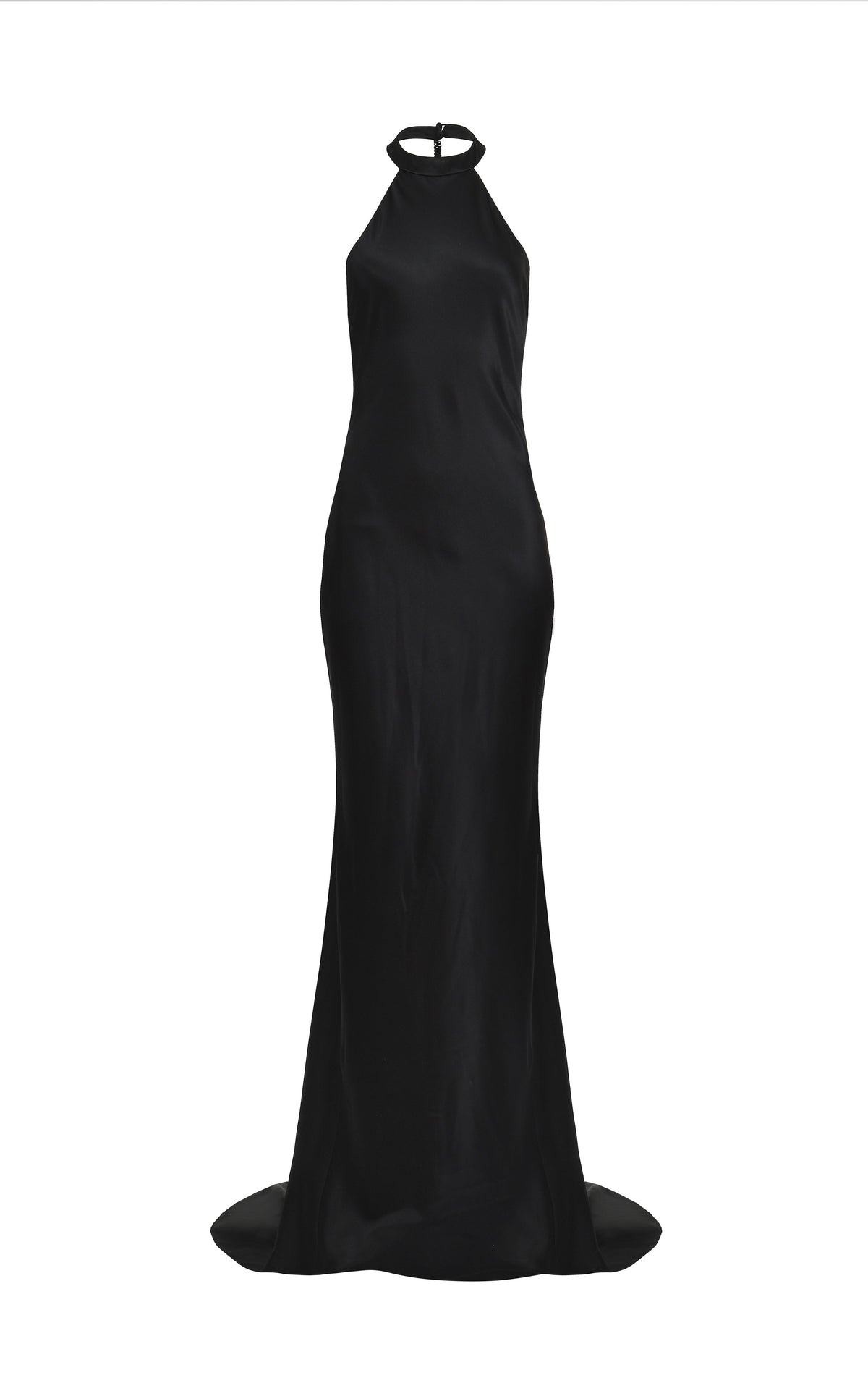 Front view of Nightfall Silk Maxi Dress showing halter neck, fitted silhouette and slight train on white background
