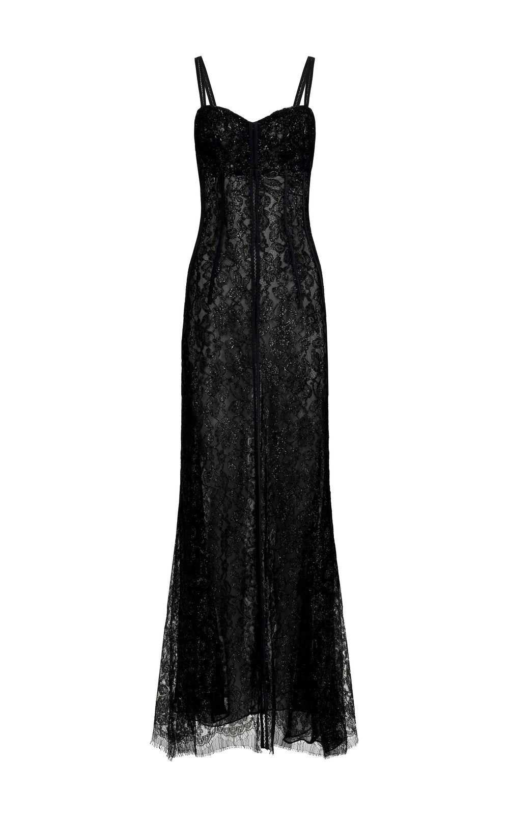 Front view of Moonlace Maxi Dress showing fitted black lace silhouette, slim double straps, scalloped hem on white background