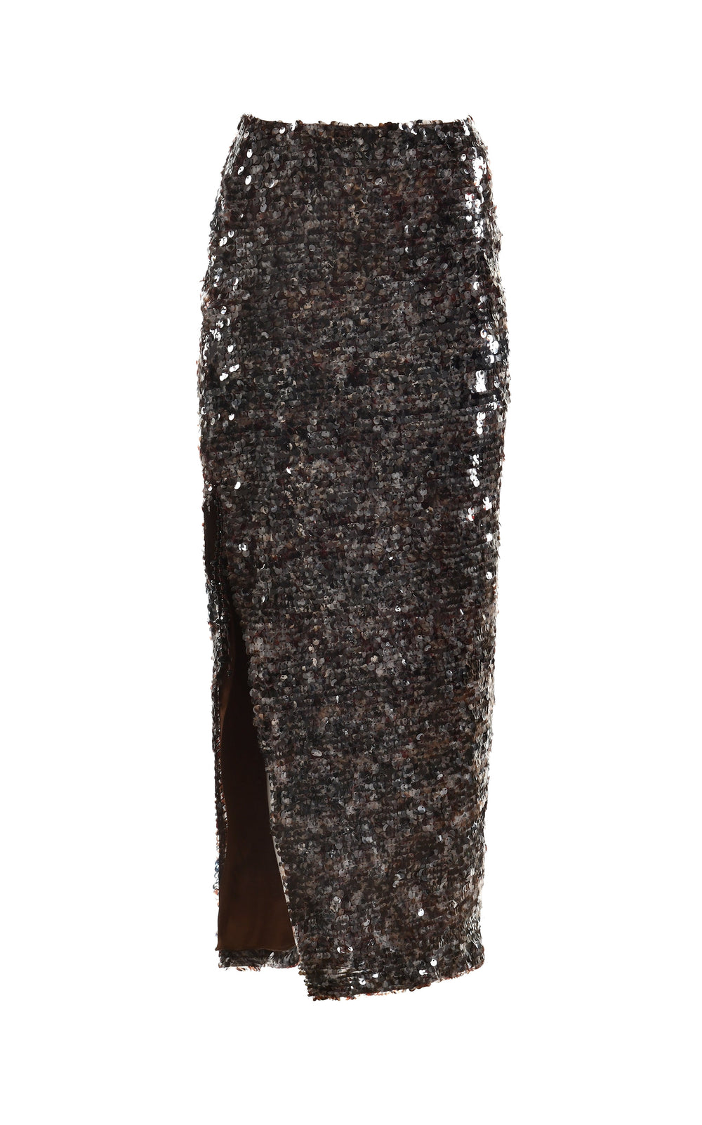 Front view of Midnight Oasis Sequin Skirt showcasing allover dark sequins, high waist and side slit on white background