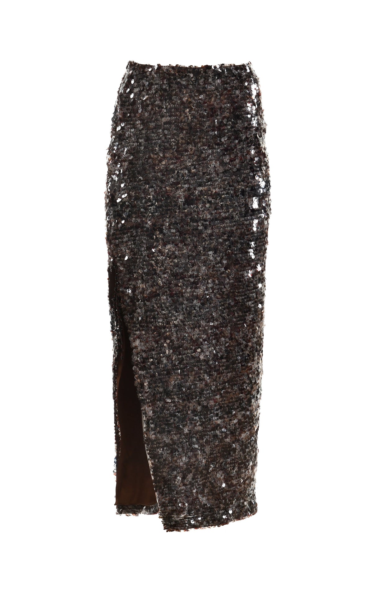 Front view of Midnight Oasis Sequin Skirt showcasing allover dark sequins, high waist and side slit on white background