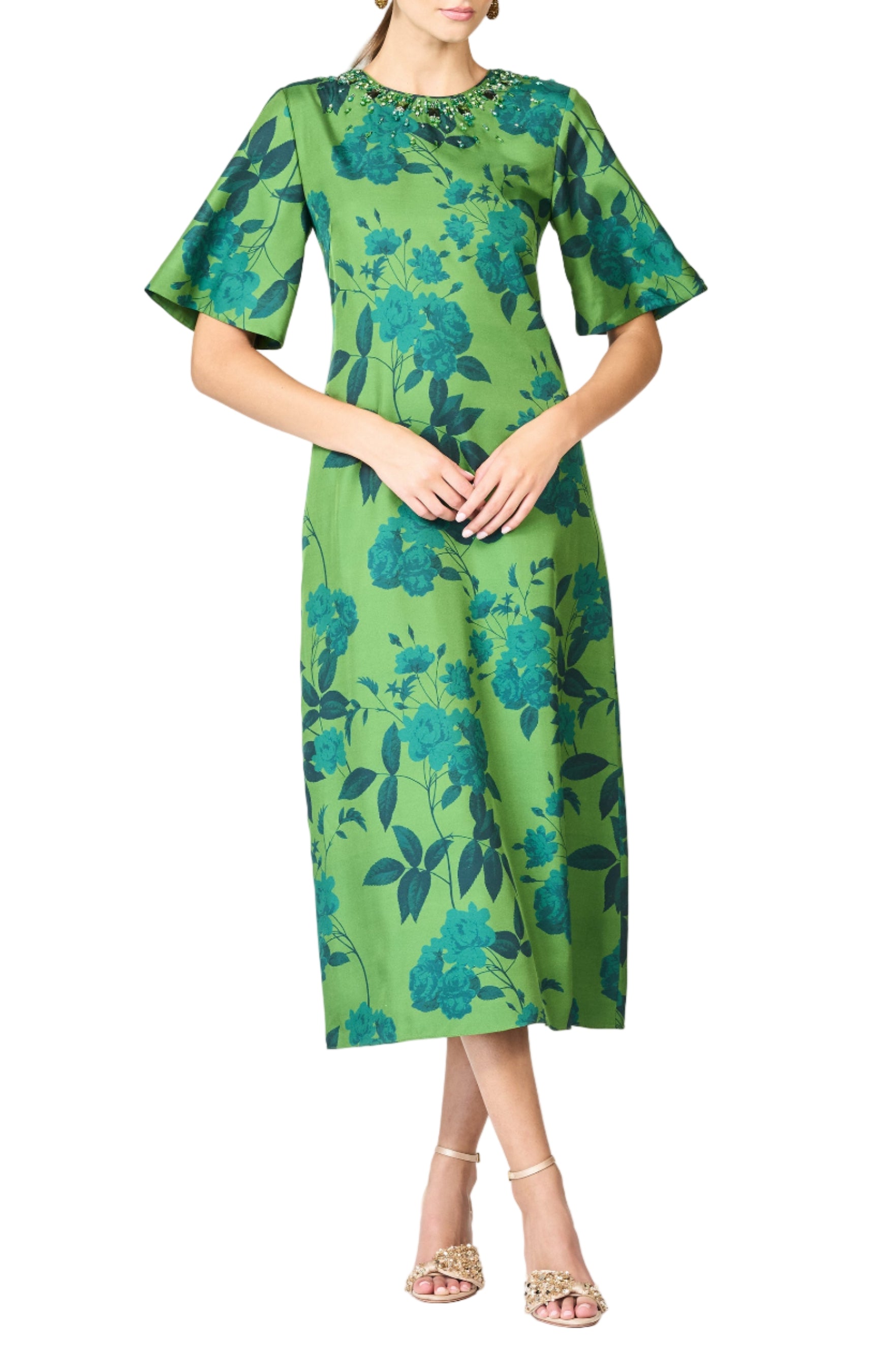Embellished Lemie Dress in Empress Green Roses