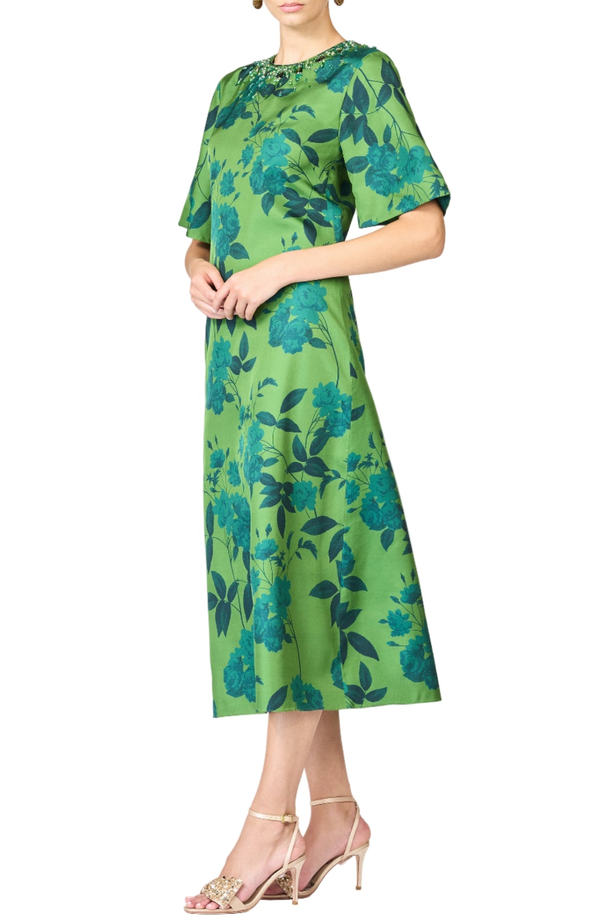 Embellished Lemie Dress in Empress Green Roses