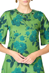 Embellished Lemie Dress in Empress Green Roses