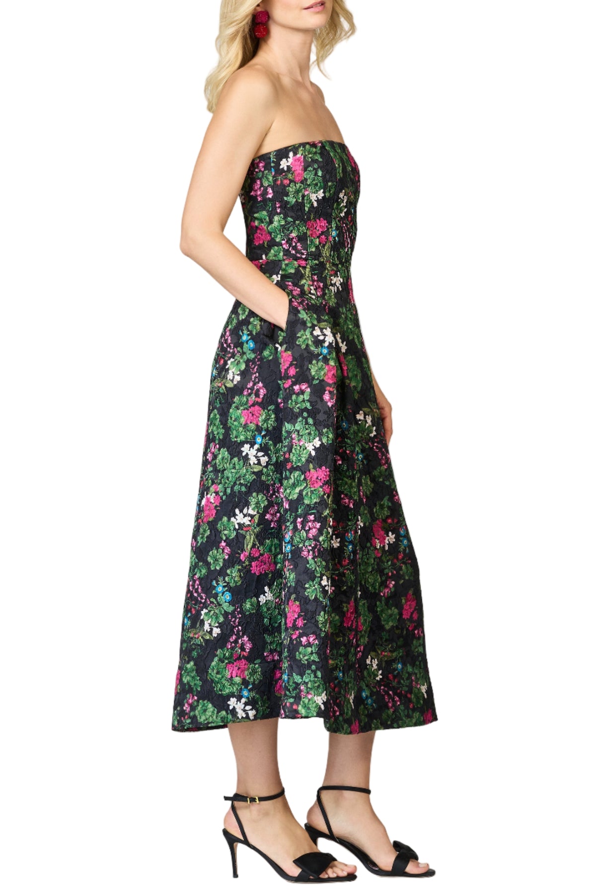 Front view of the Cloqué Shay Dress in Royal Gardens showcasing a strapless bodice, floral cloqué, pockets, and A-line skirt