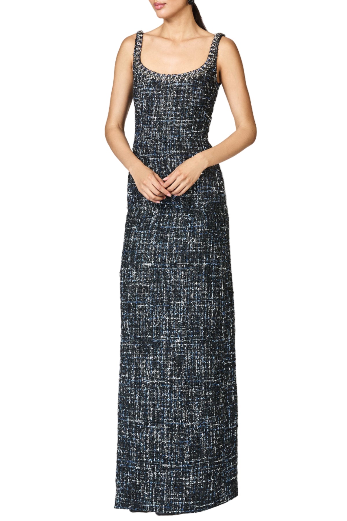 Front view of Embellished Tweed Lana Gown showcasing beaded neckline and column fit in Obsidian Frost on white background