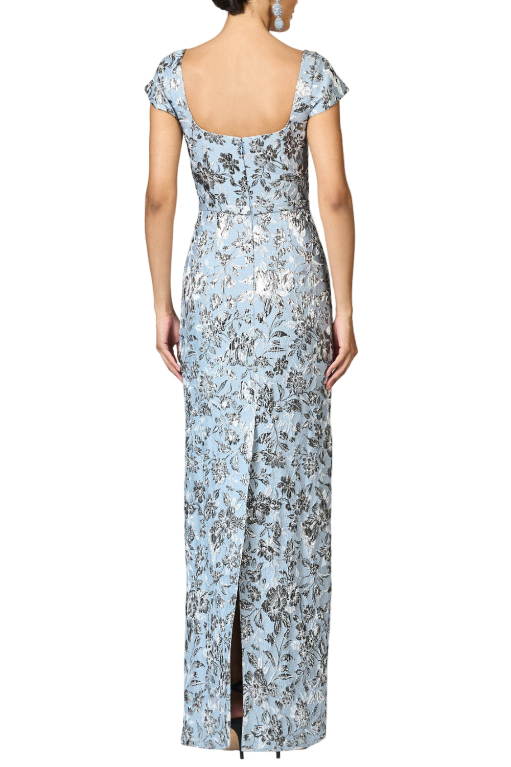 Back view of Metallic Cloqué Grace gown in Pewter Gardens showing scooped back, cap sleeves and center back slit on white background