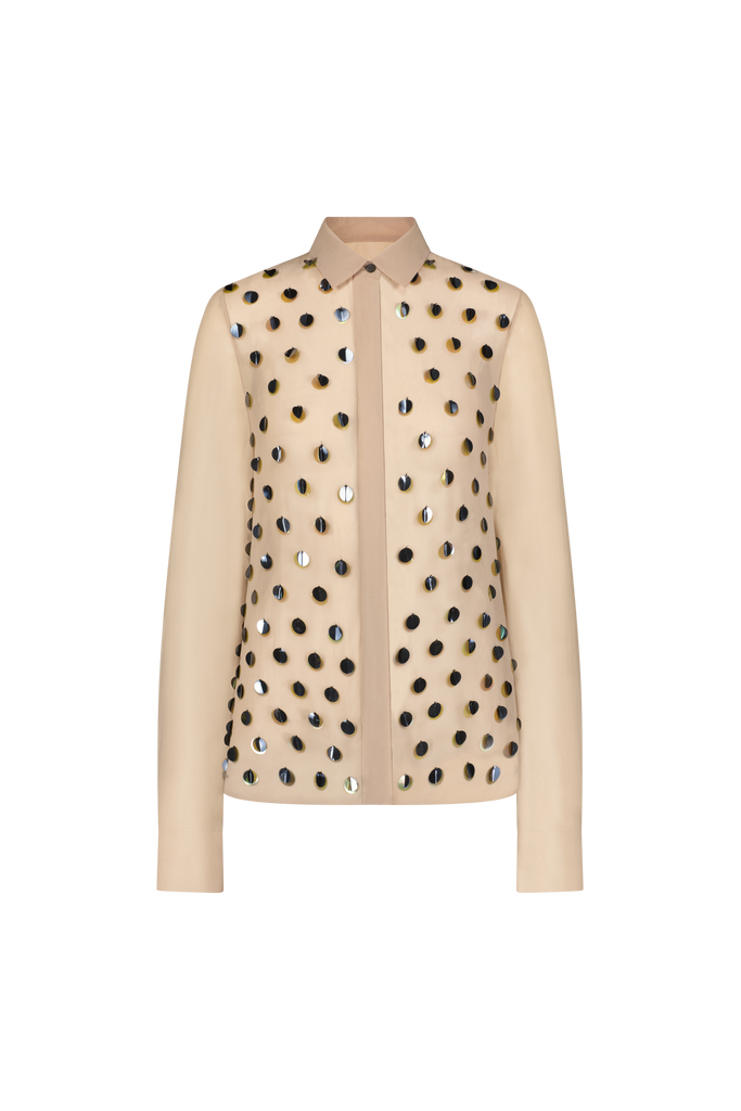 Paillette Embroidered Georgette Shirt in Taupe