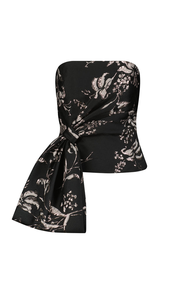 Metallic Floral Jacquard Strapless Cascade Top in Black