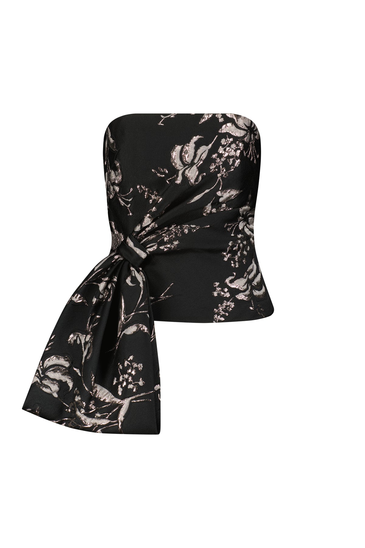 Metallic Floral Jacquard Strapless Cascade Top in Black