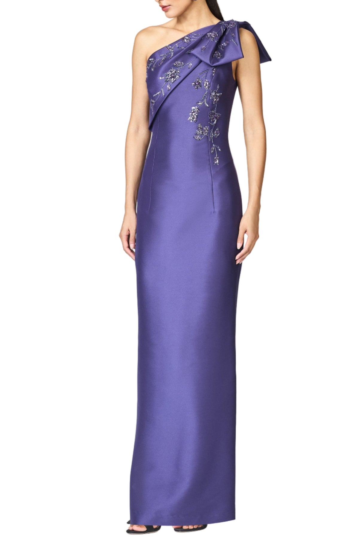 Front view of Embellished Olivia Gown in Concord showcasing one-shoulder bow and tonal floral embroidery on white
